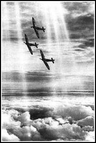 A formation of Spitfires are seen in this classic shot above the clouds.